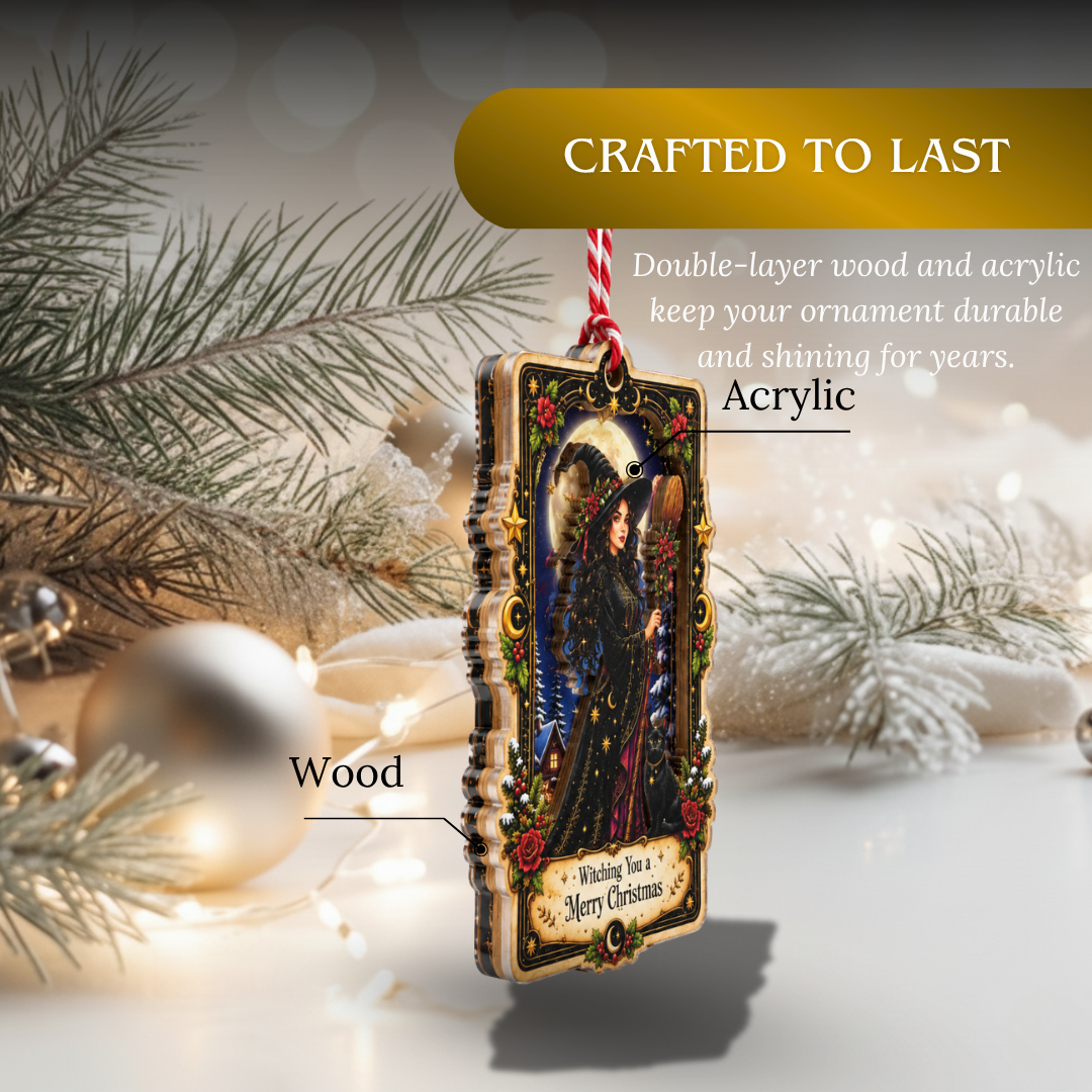 Witchy Christmas Ornaments, 2 Layer Wood and Acrylic, Christmas Tree Decoration, Holiday Gift, Xmas Tree Decor