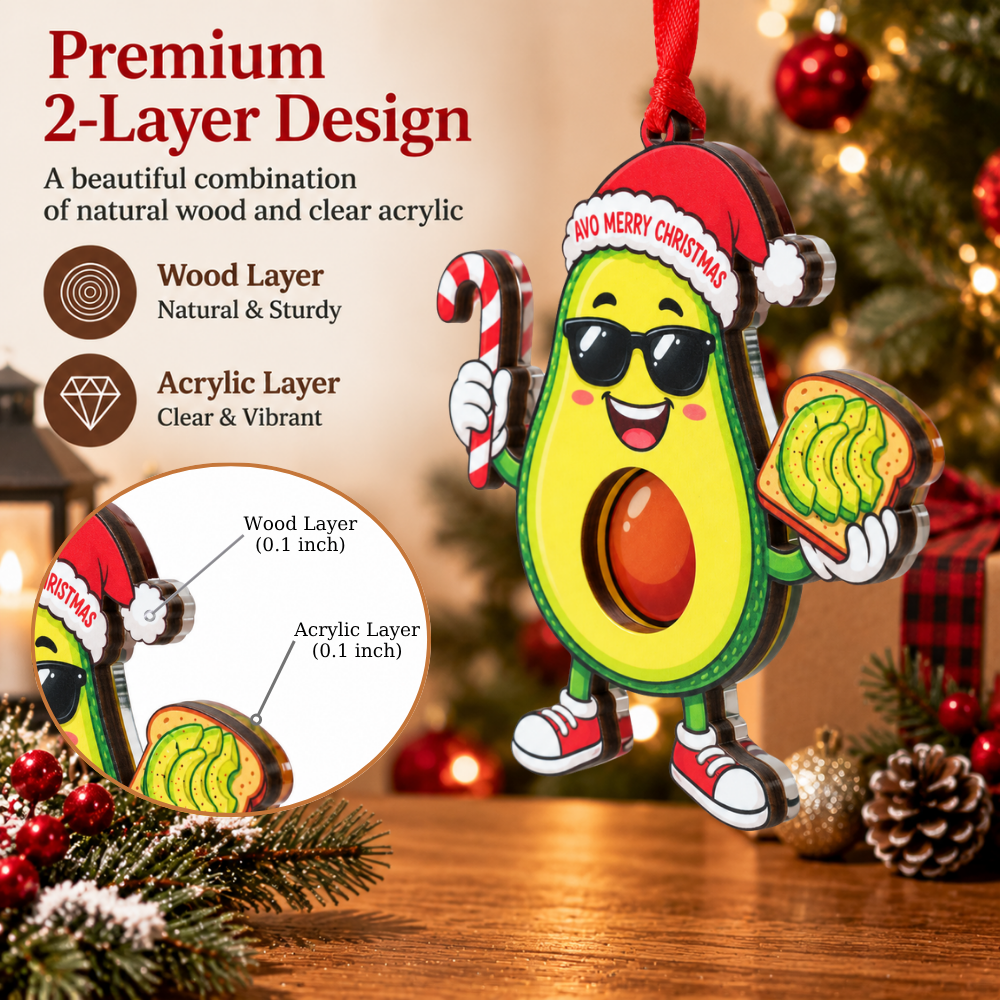 Avocado Christmas Ornament, Wood & Acrylic Christmas Tree Decoration, Holiday Gift for Friends and Friends