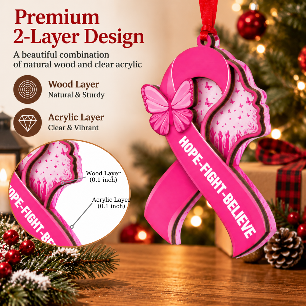 Breast Cancer Christmas Ornament, Wood & Acrylic Christmas Tree Decoration, Holiday Gift for Awareness