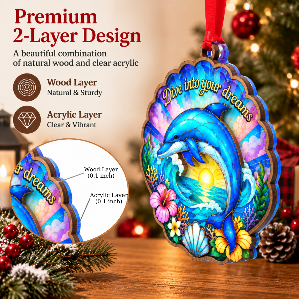 Dolphin Christmas Ornament, Wood & Acrylic Christmas Tree Decoration, Holiday Gift for Collectors & Holiday Decor Lovers