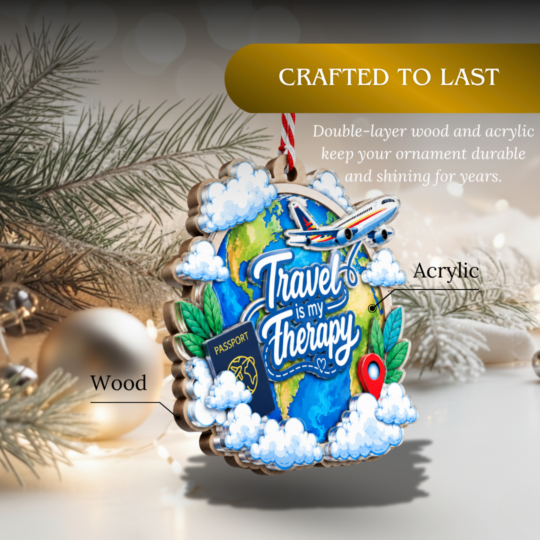 Travel Ornament, 2 Layer Wood and Acrylic, Christmas Tree Decoration, Holiday Gift, Christmas Ornament