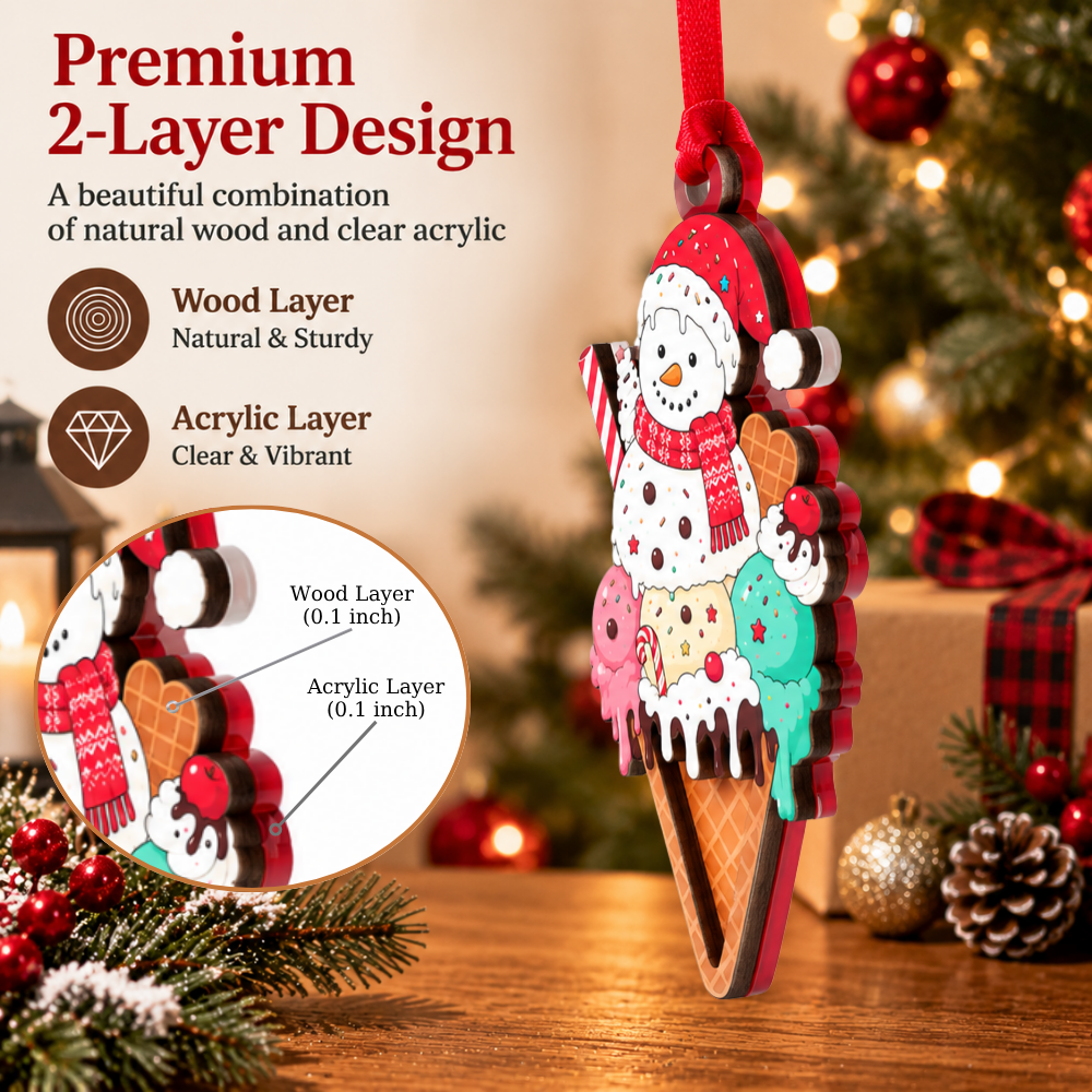 Ice Cream Christmas Ornament for Tree, Wood & Acrylic Hanging Decor, Xmas Gift for Collectors & Holiday Decor Lovers