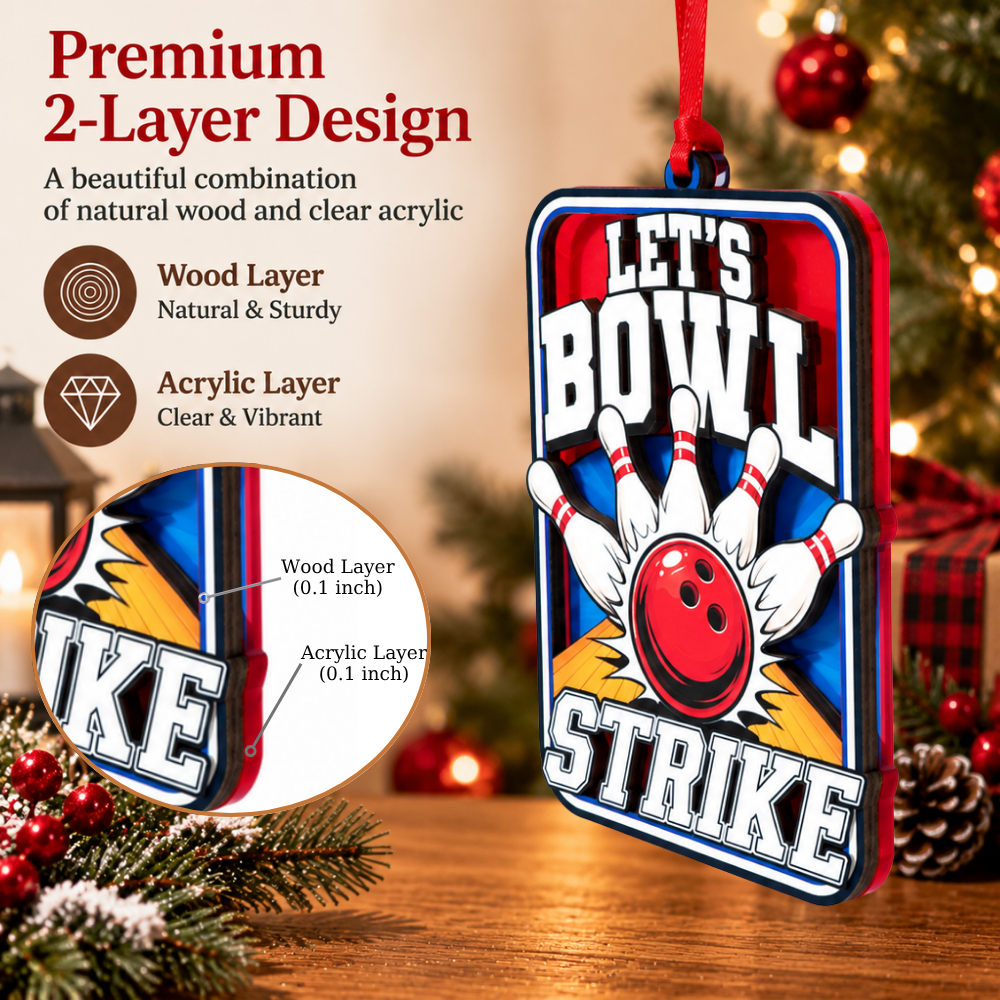 Bowling Christmas Ornament, Wood & Acrylic Christmas Tree Decoration, Holiday Gift for Collectors & Holiday Decor Lovers