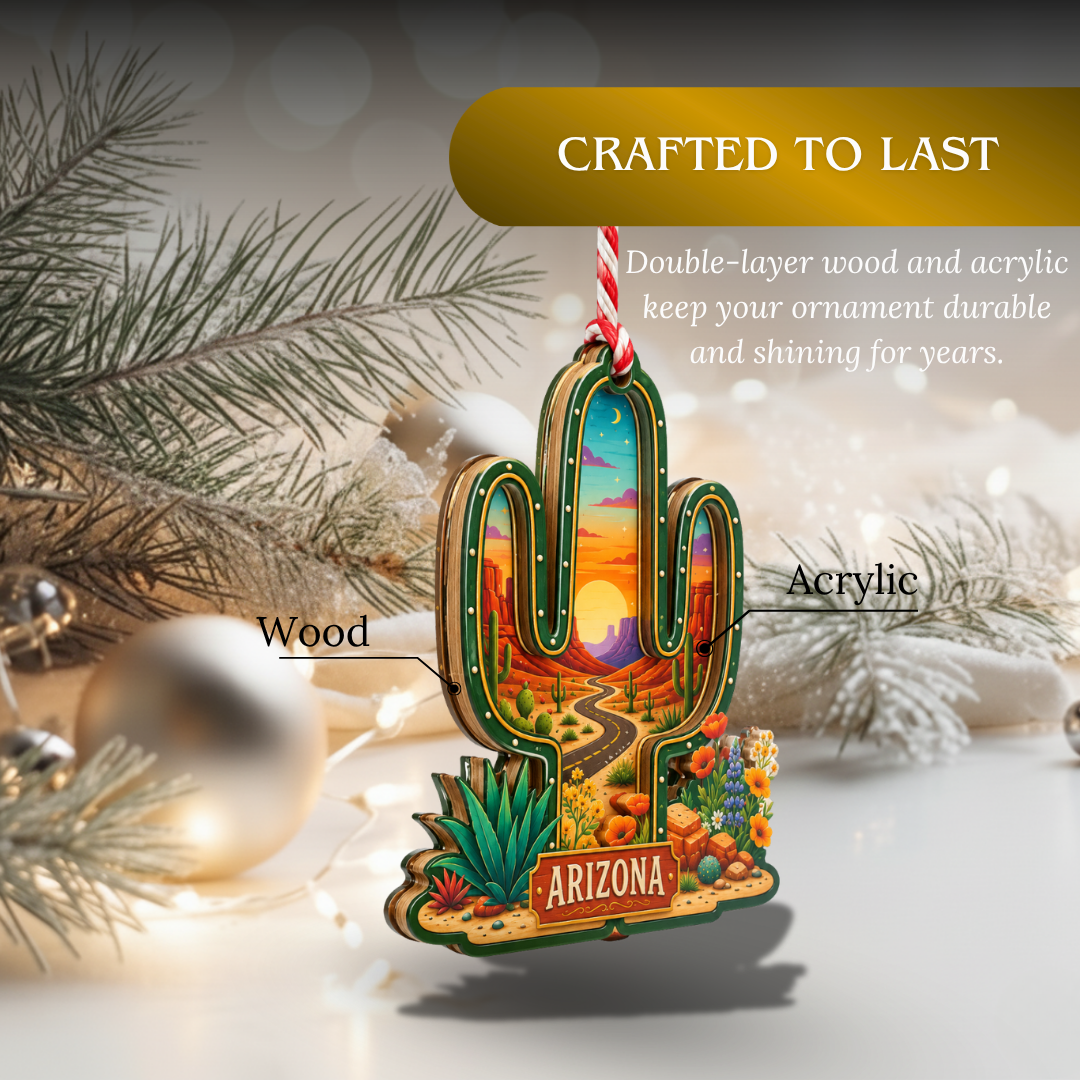 Arizona Christmas Ornament, 2 Layer Wood and Acrylic, Christmas Tree Decoration, Travel Souvenir Gift