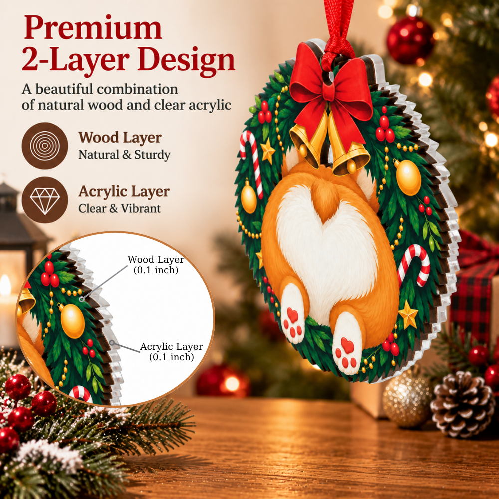 Corgi Dog Christmas Ornament for Tree, Wood & Acrylic Hanging Decor, Xmas Gift for Collectors & Holiday Decor Lovers