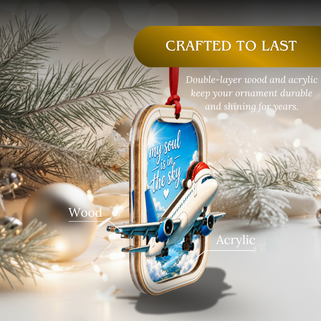 Airplane Ornament, 2 Layer Wood and Acrylic, Christmas Tree Decoration, Holiday Gift, Christmas Ornament