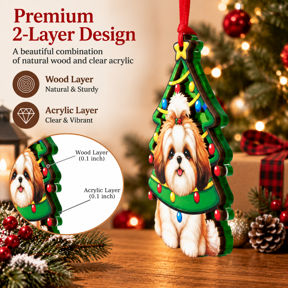 Shih Tzu Dog Christmas Ornament for Tree, Wood & Acrylic Hanging Decor, Xmas Gift for Collectors & Holiday Decor Lovers