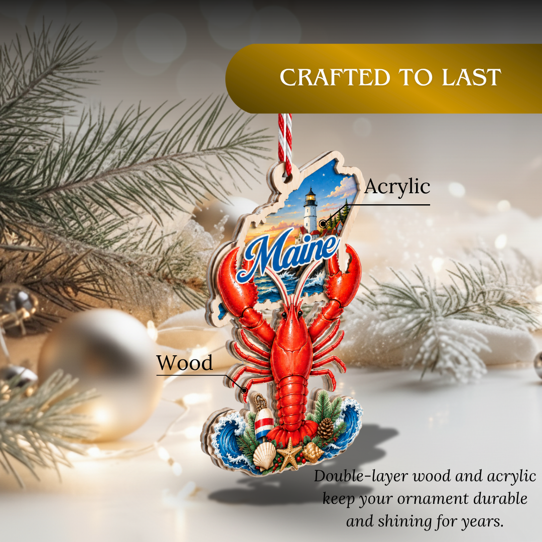 Maine Ornament, 2 Layer Wood and Acrylic, Christmas Tree Decoration, Travel Souvenir Gift, Christmas Ornament