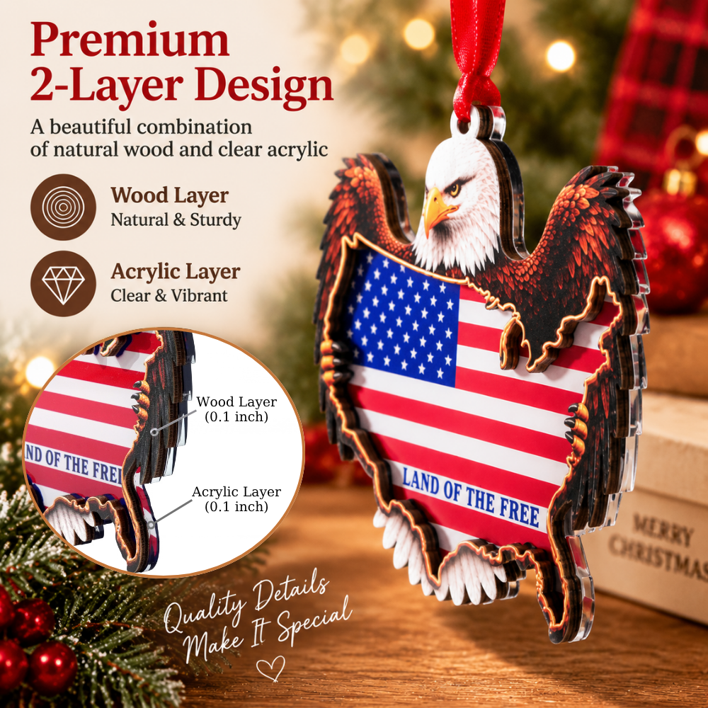 American Flag Christmas Ornament for Tree, Wood & Acrylic Hanging Decor, Xmas Gift for Collectors & Holiday Decor Lovers