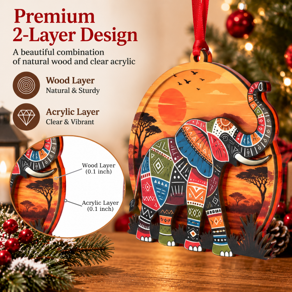 Elephant Christmas Ornament, Wood & Acrylic Christmas Tree Decoration, Holiday Gift for Animal Lovers
