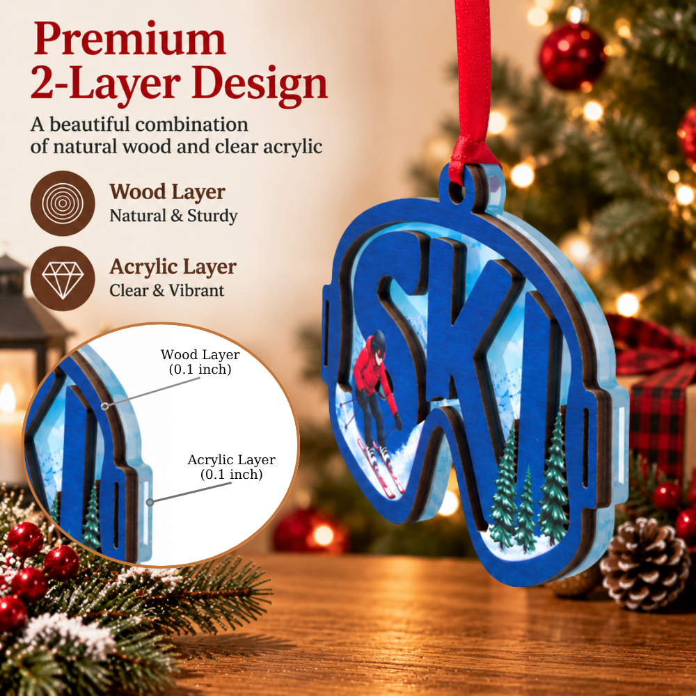 Skiing Christmas Ornament, Wood & Acrylic Christmas Tree Decoration, Holiday Gift for Ski Lovers And Winter Decor