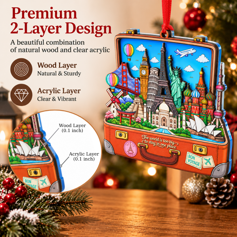 Suitcase Travel Christmas Ornament, Wood & Acrylic Christmas Tree Decoration, Holiday Gift for Travelers