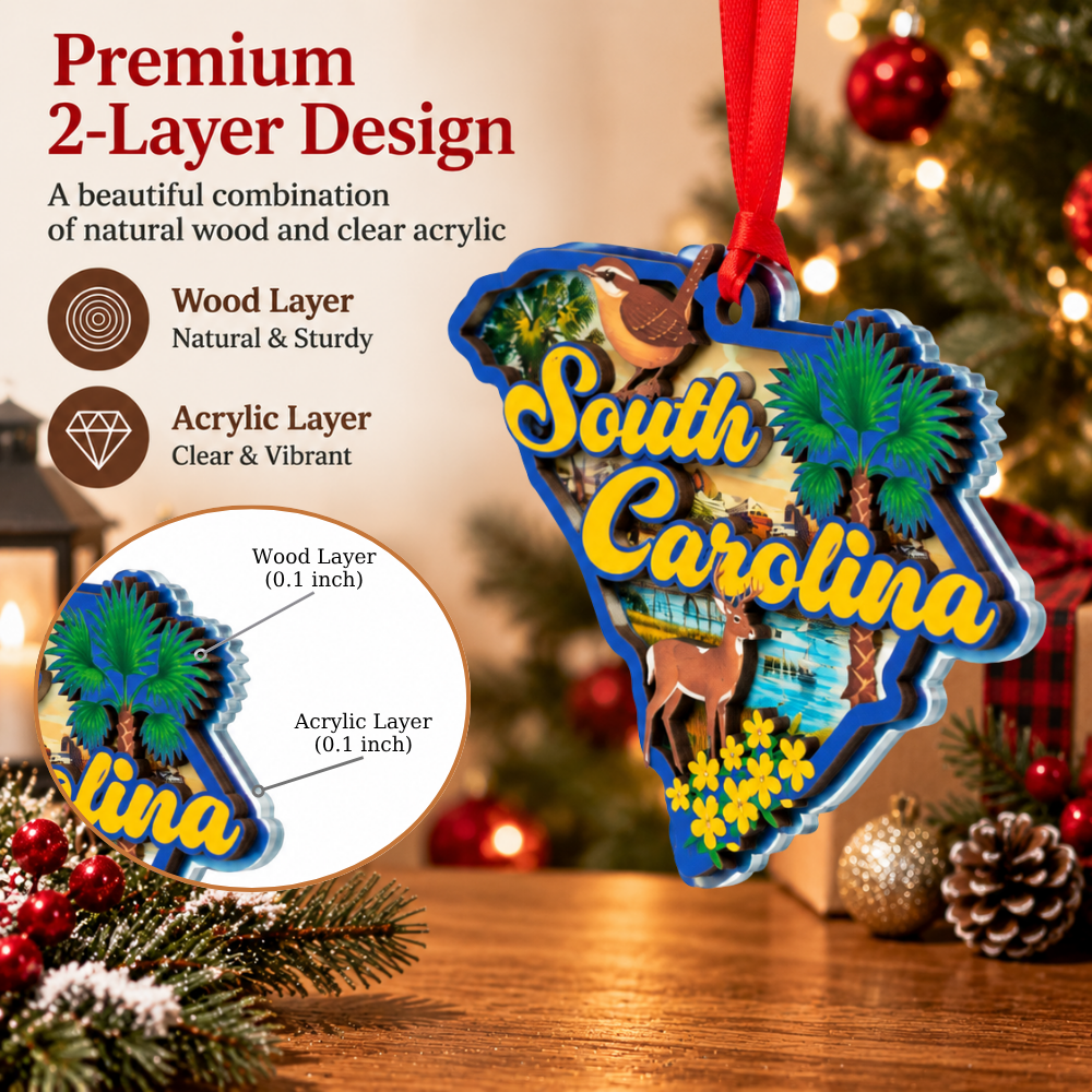 South Carolina Christmas Ornament, Wood & Acrylic Tree Decoration, Gift for Christmas and Holiday Decor Lovers