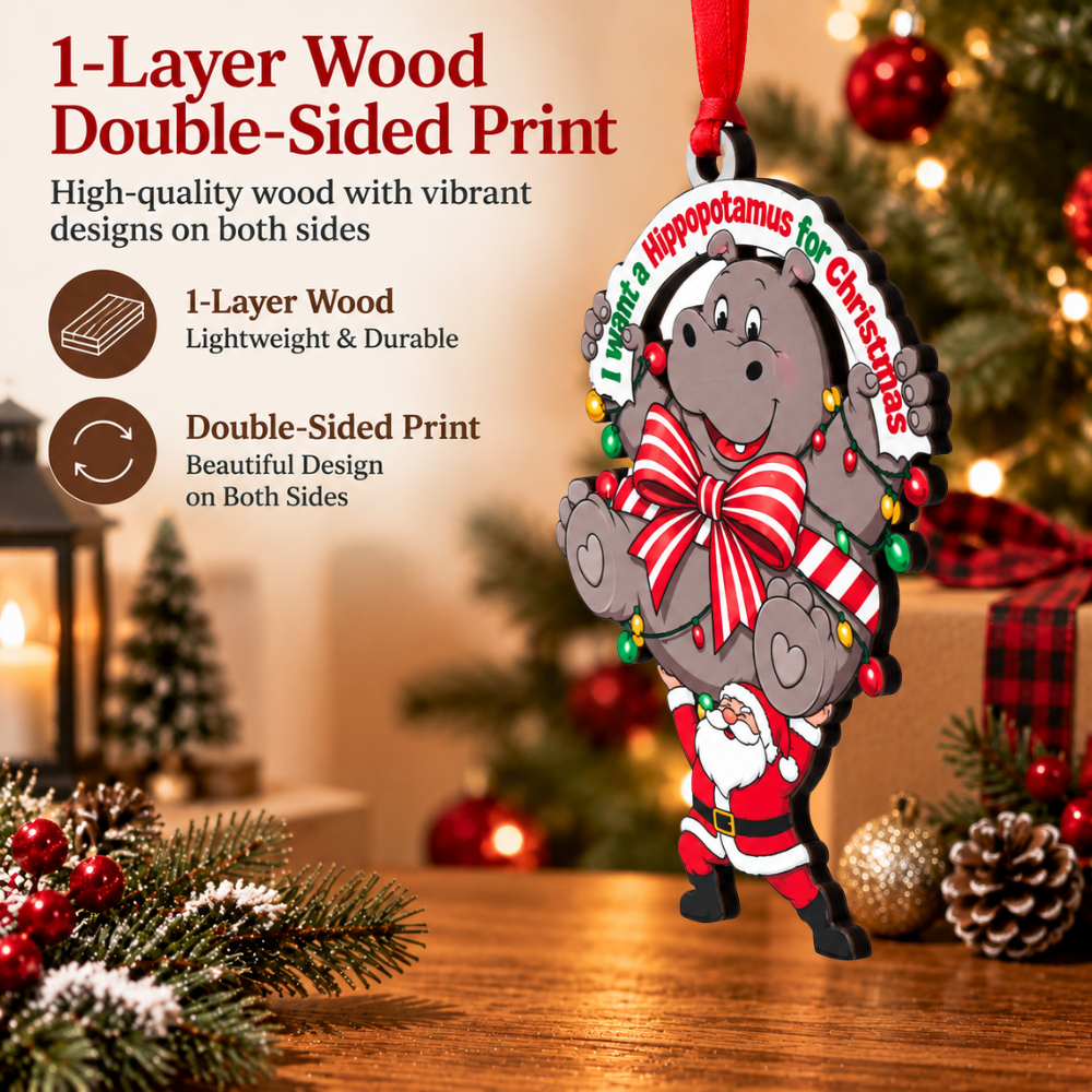 Hippo Christmas Ornament, Wood Christmas Tree Decoration, Holiday Gift for Hippo Lovers for Christmas