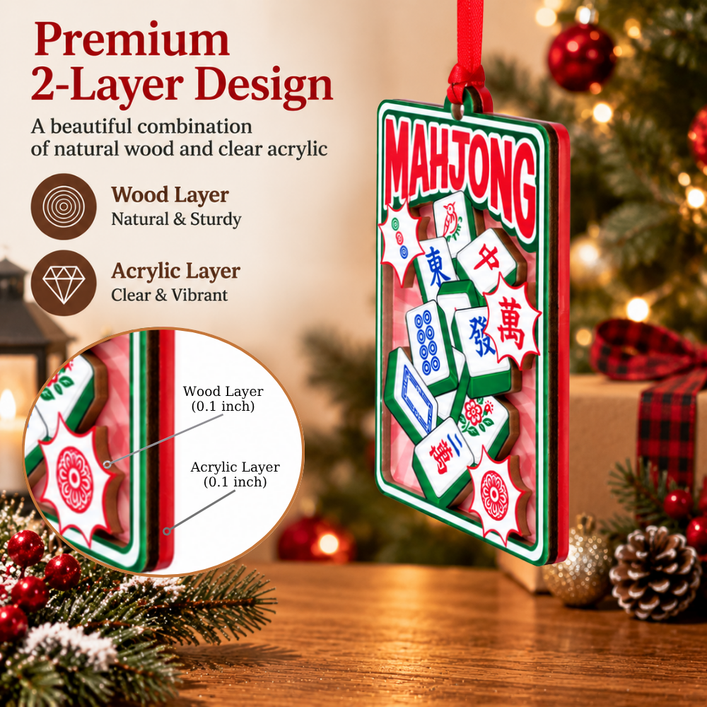 Mahjong Christmas Ornament, Wood & Acrylic Christmas Tree Decoration, Holiday Gift for Collectors & Holiday Decor Lovers