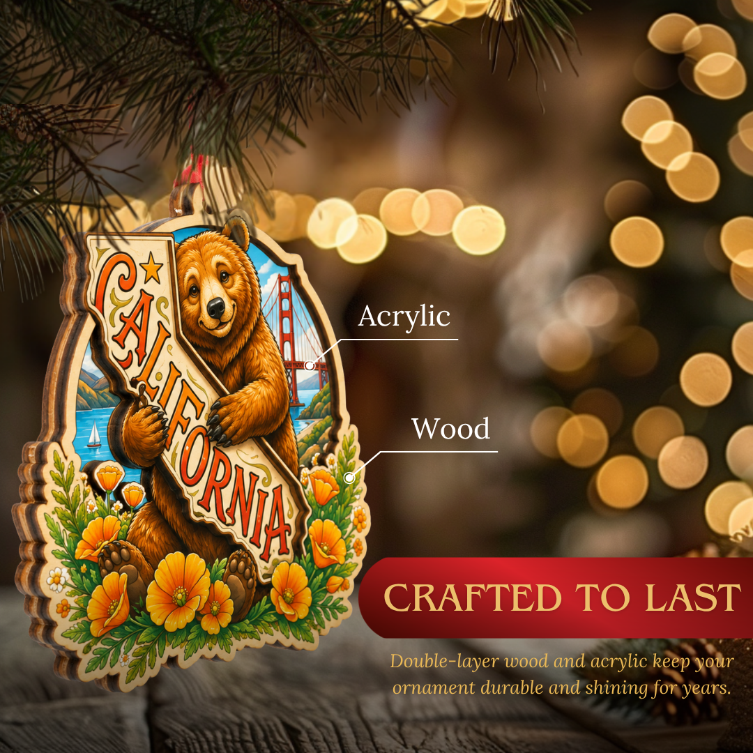 California Ornament, 2 Layer Wood and Acrylic, Christmas Tree Decoration, Travel Souvenir Gift, Christmas Ornament