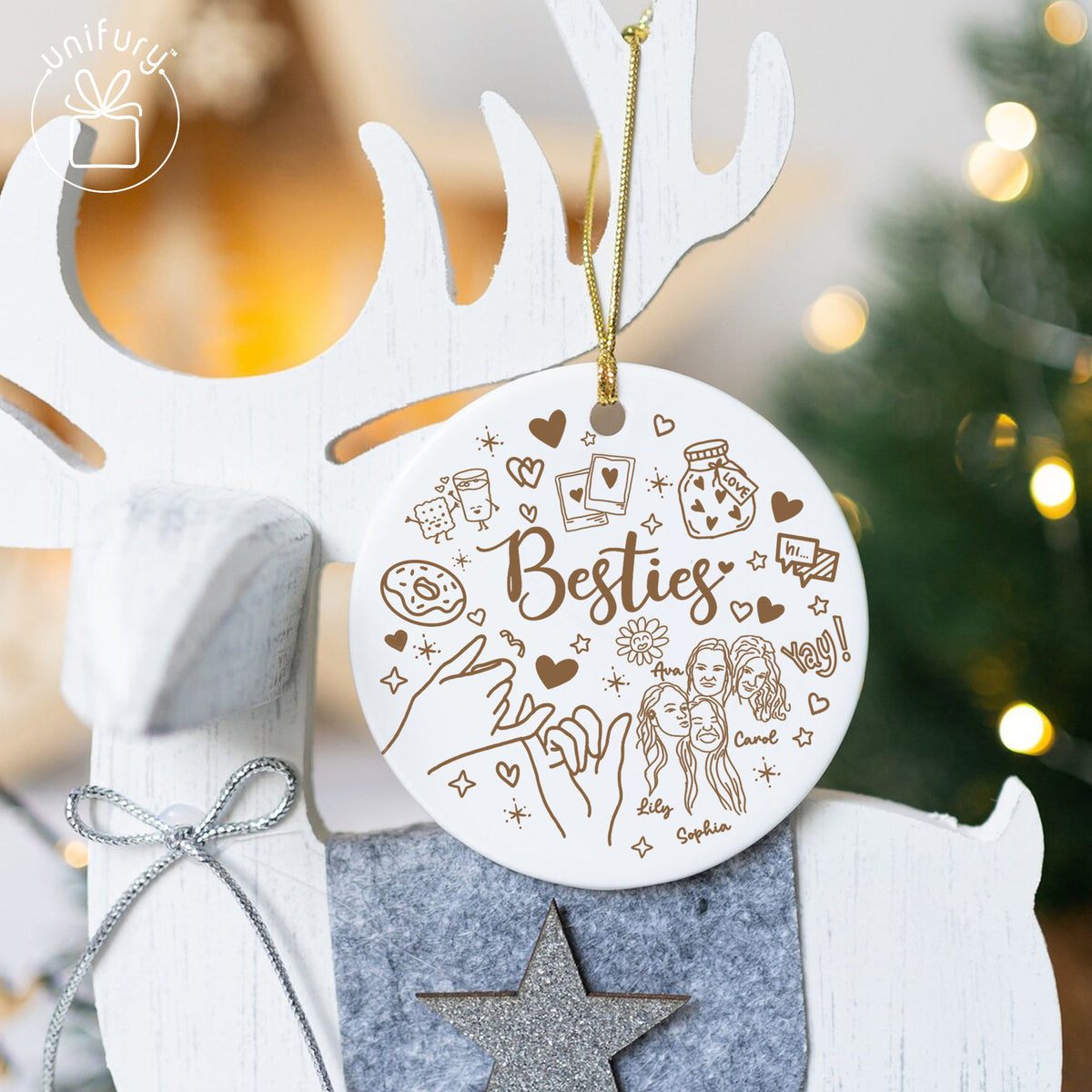 Custom Lineart Drawing Friend Ceramic Ornament - Best Friend Ornament - Christmas Gifts For Friends