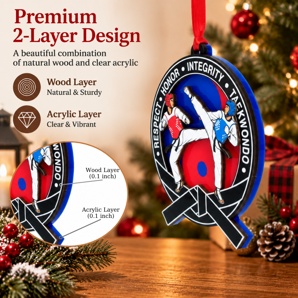 Taekwondo Christmas Ornament, Wood & Acrylic Christmas Tree Decoration, Holiday Gift for Students and Friends