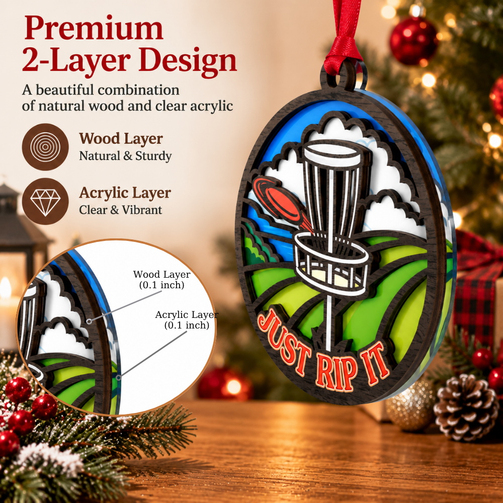 Disc Golf Christmas Ornament, Wood & Acrylic Christmas Tree Decoration, Holiday Gift for Disc Golfers And Sports Lovers