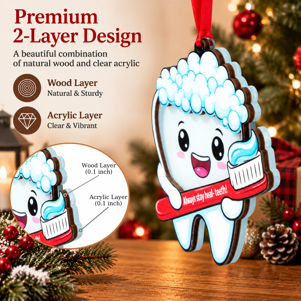 Tooth Dental Christmas Ornament, Wood & Acrylic Christmas Tree Decoration, Holiday Gift for Dentists