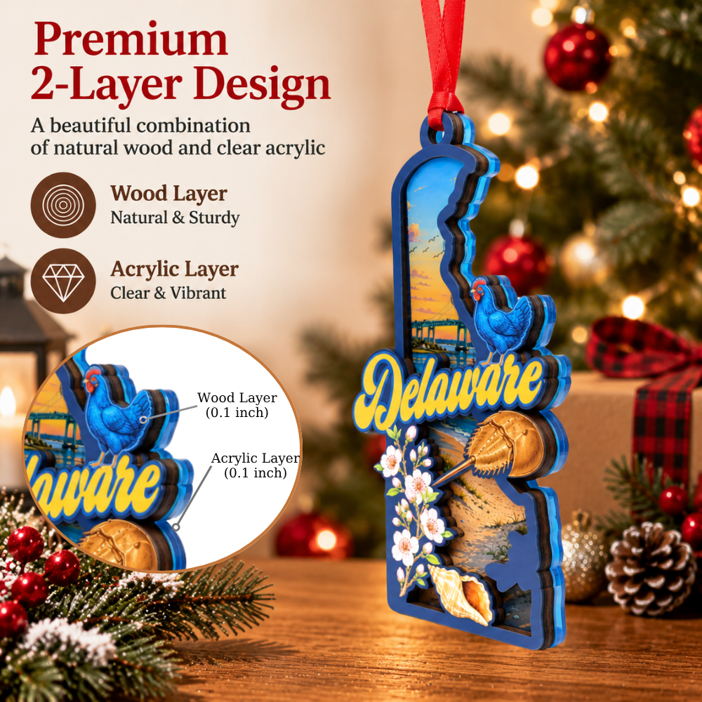 Delaware State Christmas Ornament, Wood & Acrylic Tree Decoration, Gift for Christmas and Holiday Decor Lovers