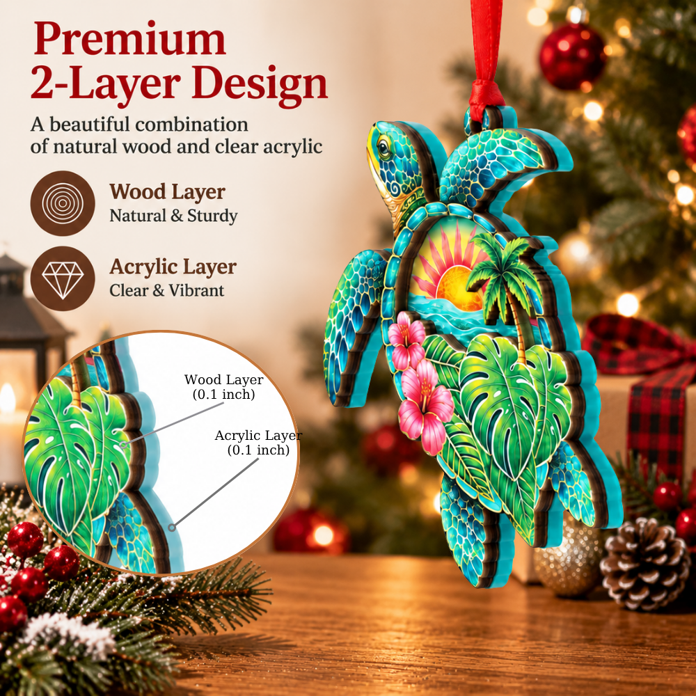 Sea Turtle Christmas Ornament for Tree, Wood & Acrylic Hanging Decor, Xmas Gift for Collectors & Holiday Decor Lovers