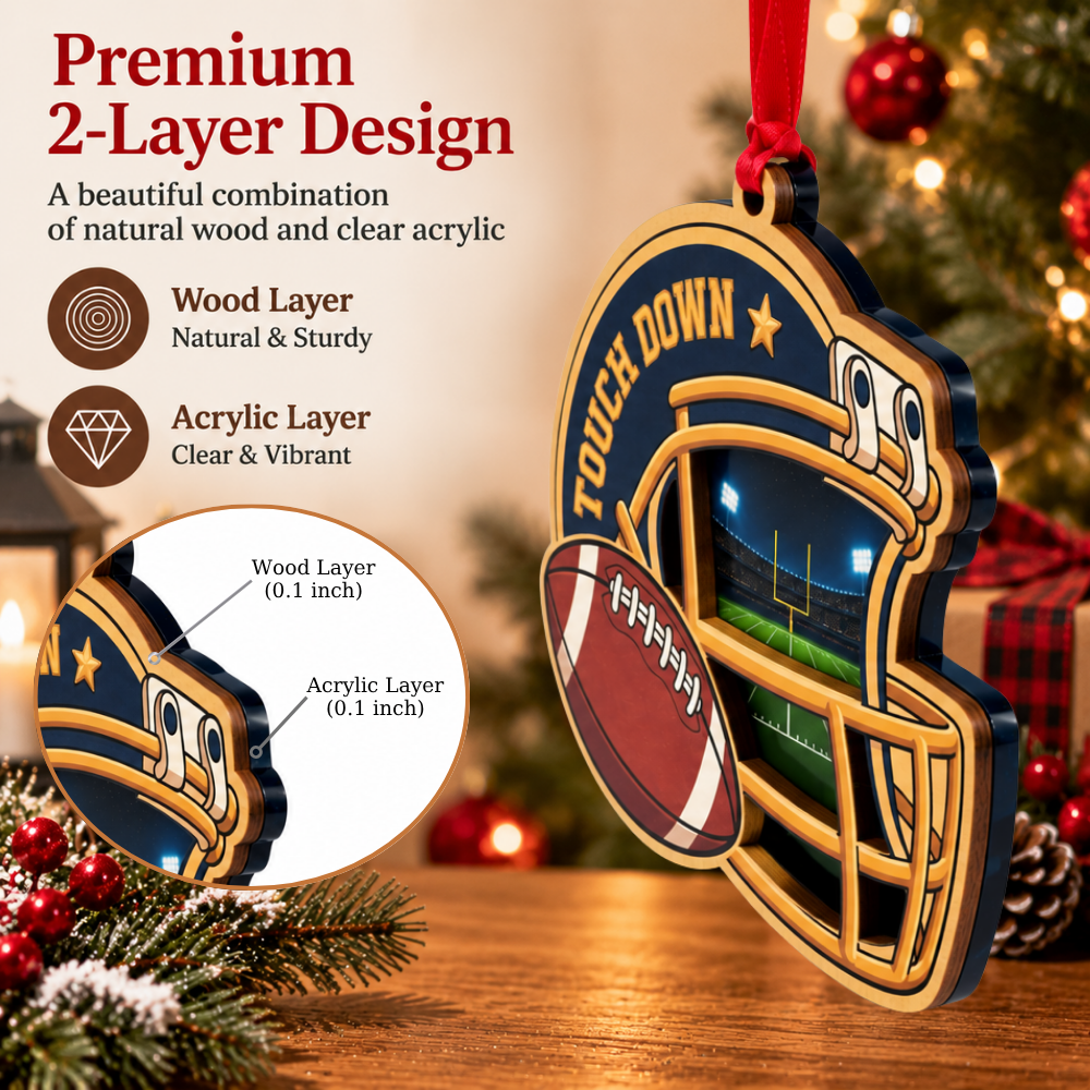 Football Christmas Ornament for Tree, Wood & Acrylic Hanging Decor, Xmas Gift for Collectors & Holiday Decor Lovers