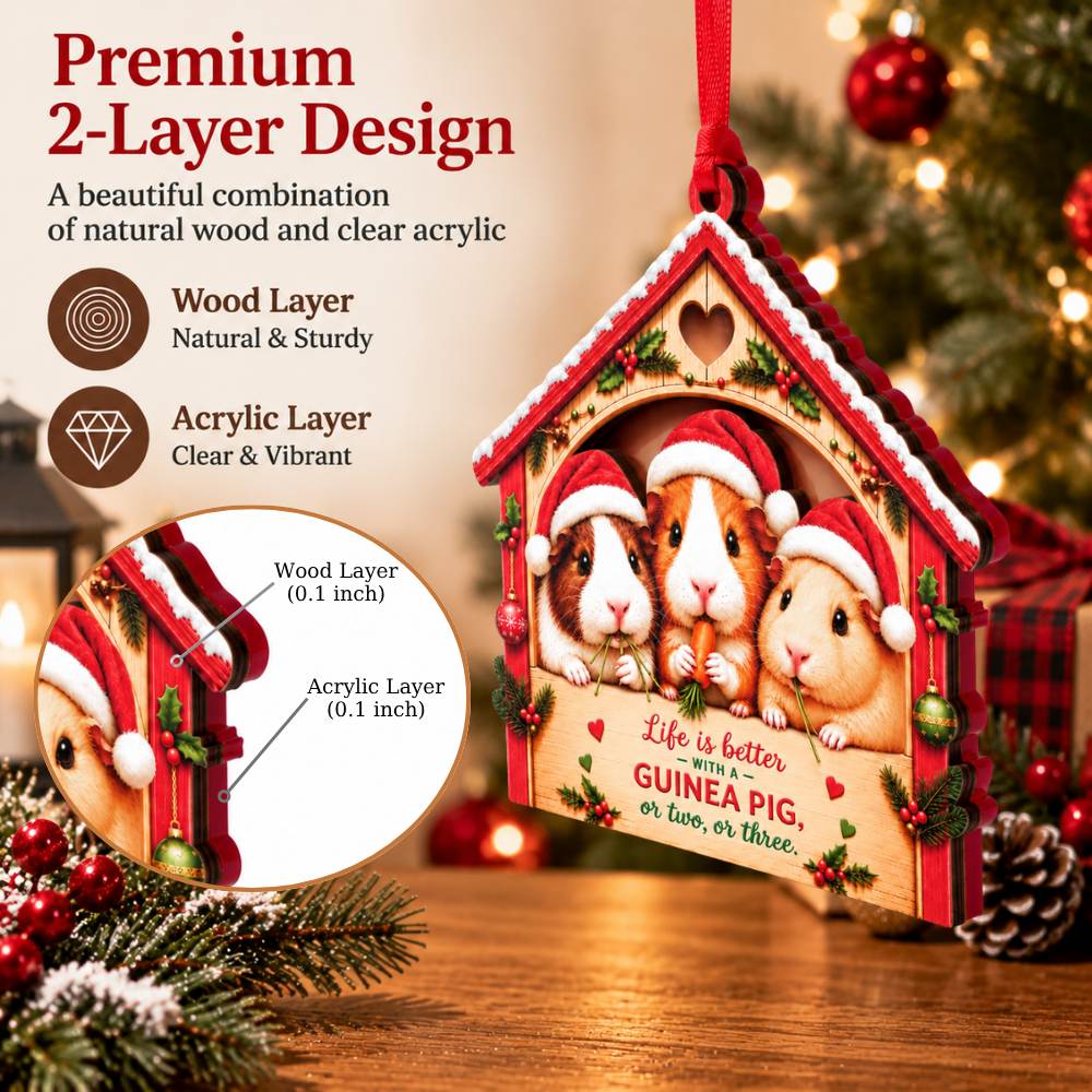 Guinea Pig Christmas Ornament for Tree, Wood & Acrylic Hanging Decor, Xmas Gift for Collectors & Holiday Decor Lovers