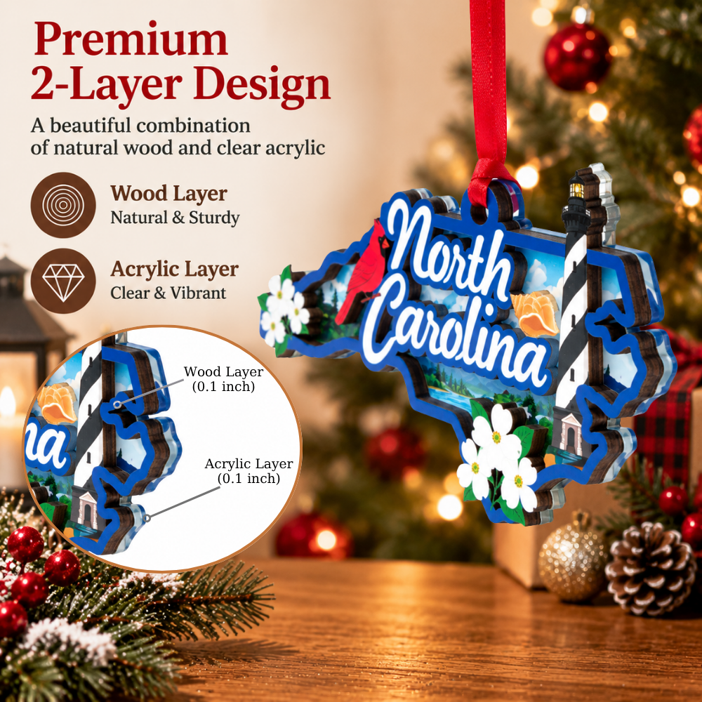 North Carolina Christmas Ornament for Tree, Wood & Acrylic Hanging Decor, Xmas Gift for Residents Travelers State Lovers