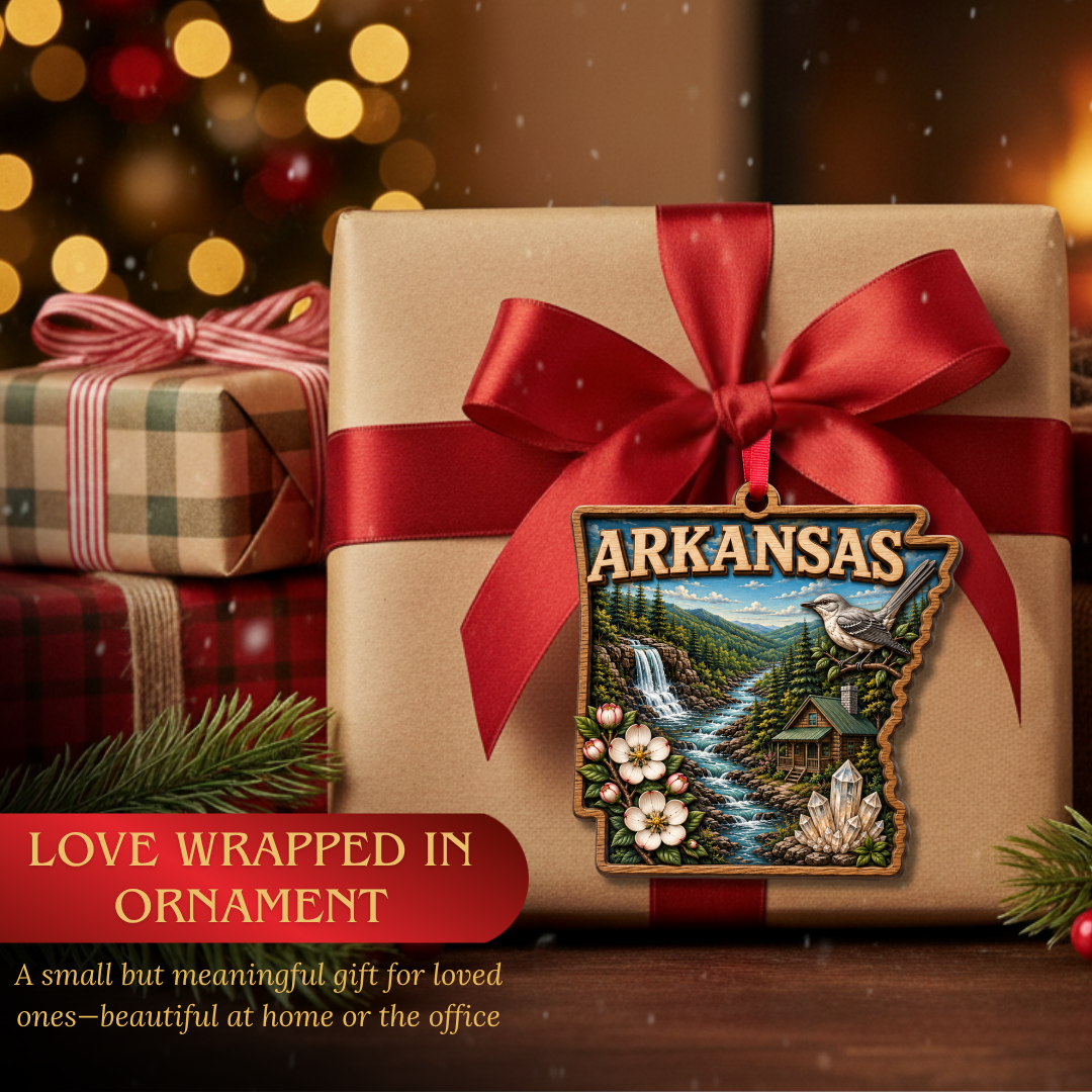 Arkansas Ornament, 2 Layer Wood and Acrylic, Christmas Tree Decoration, Travel Souvenir Gift, Christmas Ornament