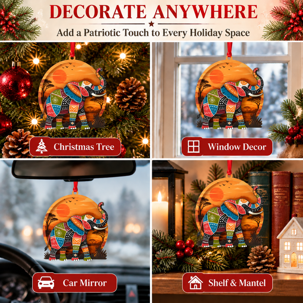 Elephant Christmas Ornament, Wood & Acrylic Christmas Tree Decoration, Holiday Gift for Animal Lovers
