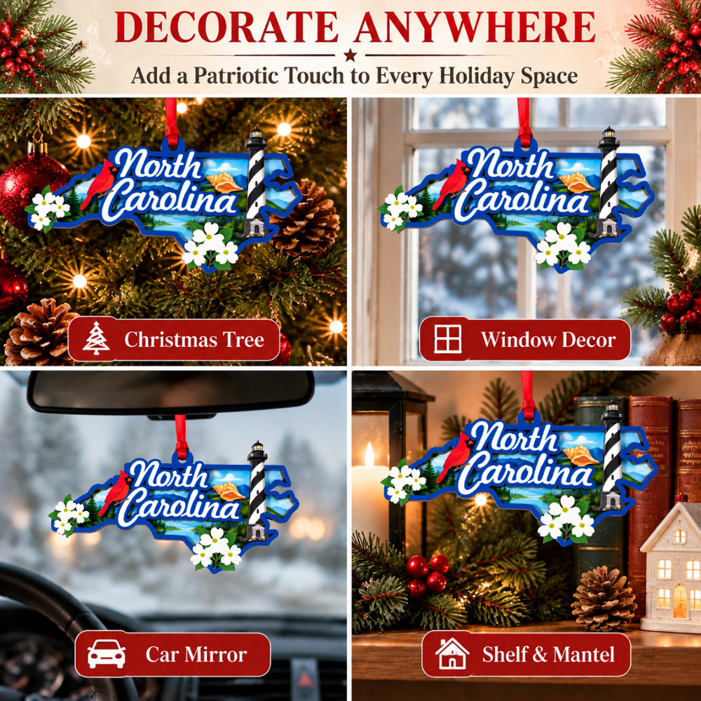 North Carolina Christmas Ornament for Tree, Wood & Acrylic Hanging Decor, Xmas Gift for Residents Travelers State Lovers
