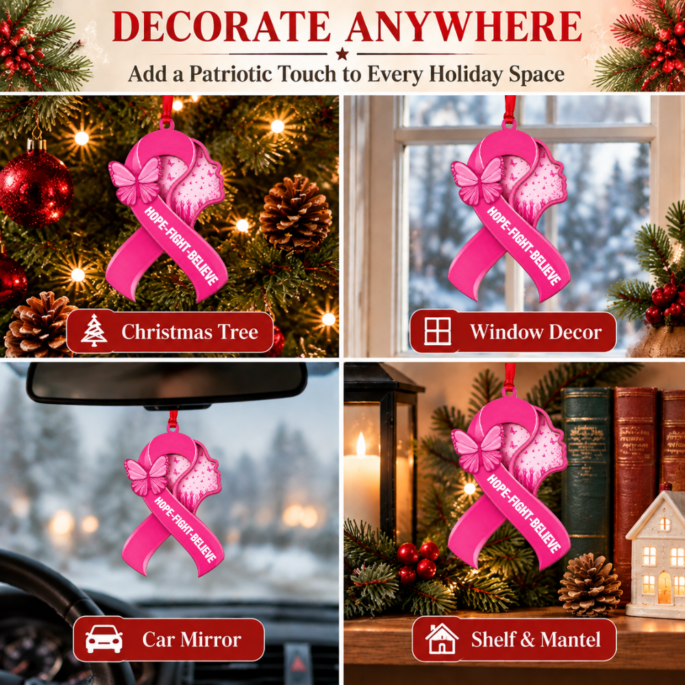 Breast Cancer Christmas Ornament, Wood & Acrylic Christmas Tree Decoration, Holiday Gift for Awareness