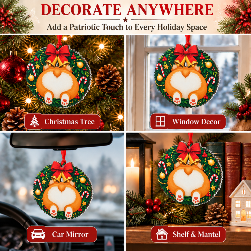 Corgi Dog Christmas Ornament for Tree, Wood & Acrylic Hanging Decor, Xmas Gift for Collectors & Holiday Decor Lovers