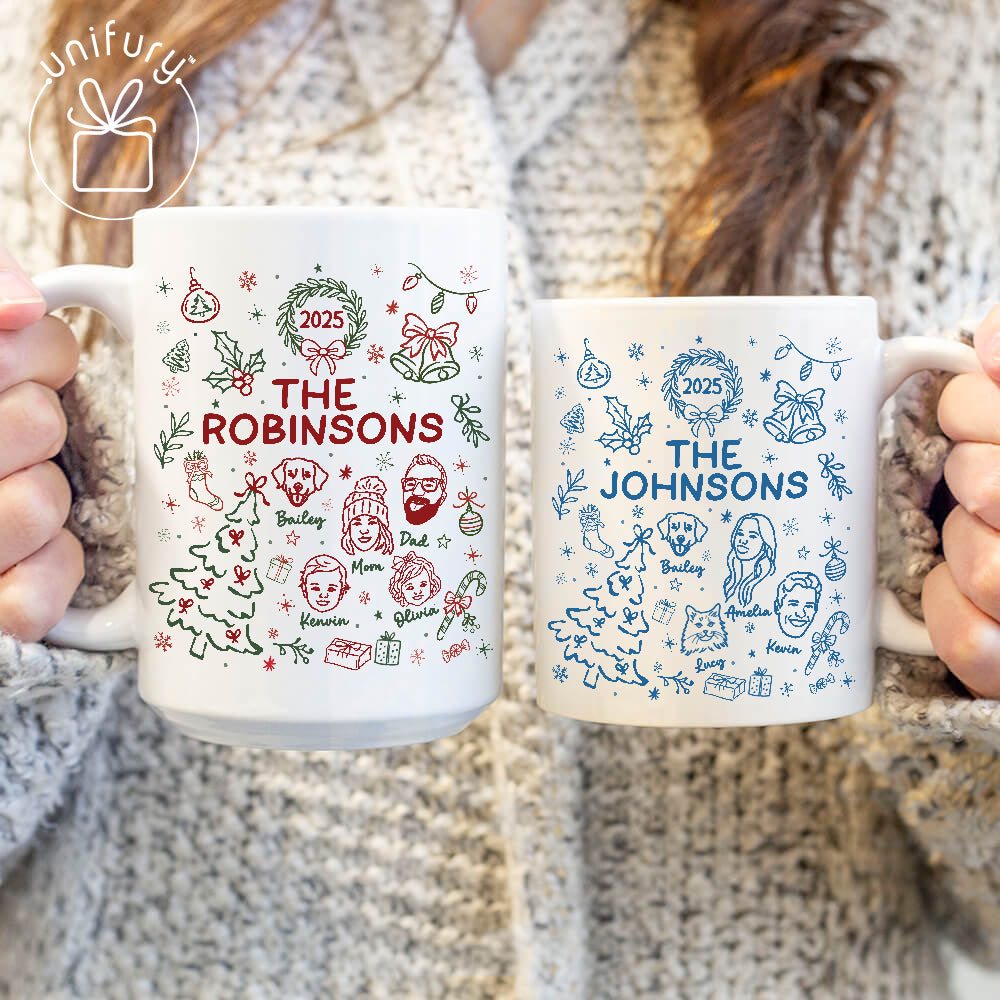 Custom Lineart Drawing Family Pet Portrait Ceramic Edge-to-Edge Mug - Christmas Mug For Family - Christmas Gift For Family