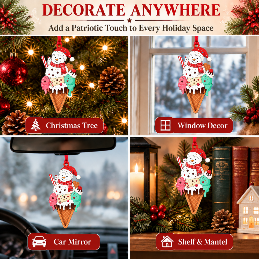 Ice Cream Christmas Ornament for Tree, Wood & Acrylic Hanging Decor, Xmas Gift for Collectors & Holiday Decor Lovers