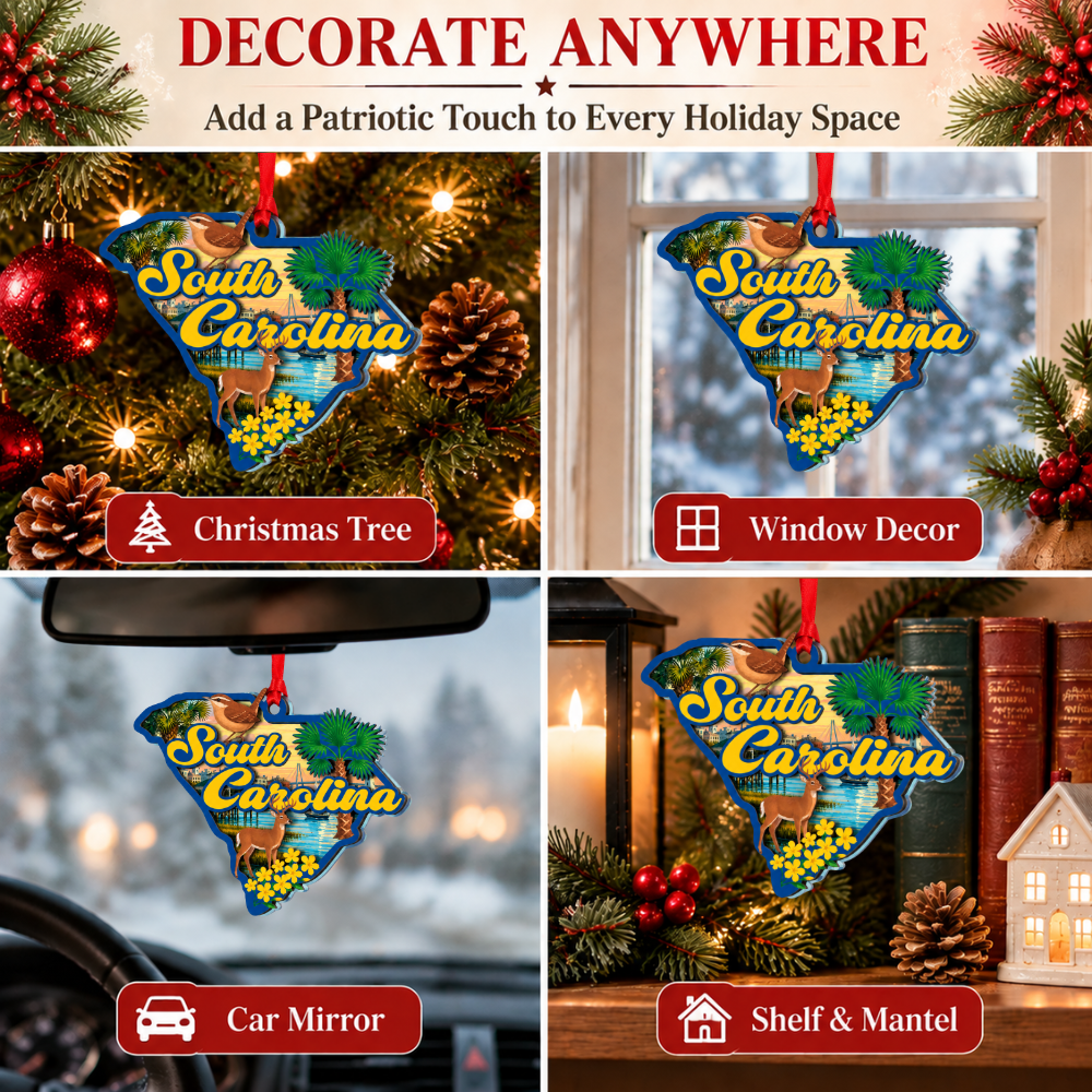 South Carolina Christmas Ornament, Wood & Acrylic Tree Decoration, Gift for Christmas and Holiday Decor Lovers