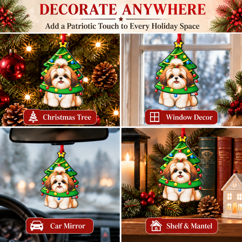 Shih Tzu Dog Christmas Ornament for Tree, Wood & Acrylic Hanging Decor, Xmas Gift for Collectors & Holiday Decor Lovers
