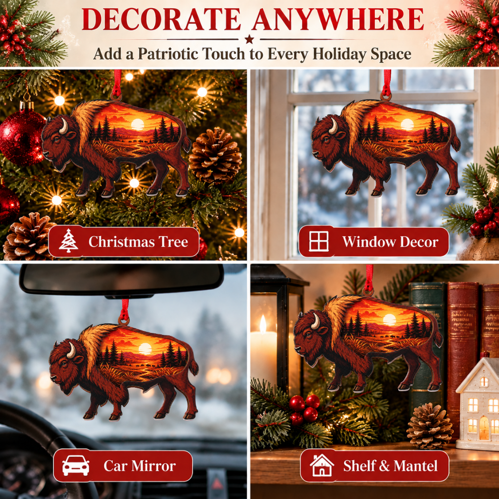 Bison Buffalo Christmas Ornament for Tree, Wood & Acrylic Hanging Decor, Xmas Gift for Nature Lovers And Outdoor Decor