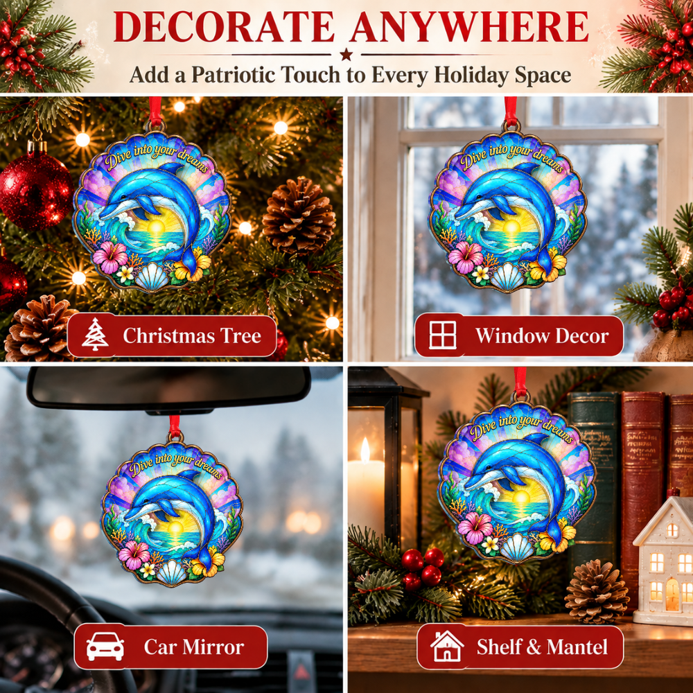 Dolphin Christmas Ornament, Wood & Acrylic Christmas Tree Decoration, Holiday Gift for Collectors & Holiday Decor Lovers