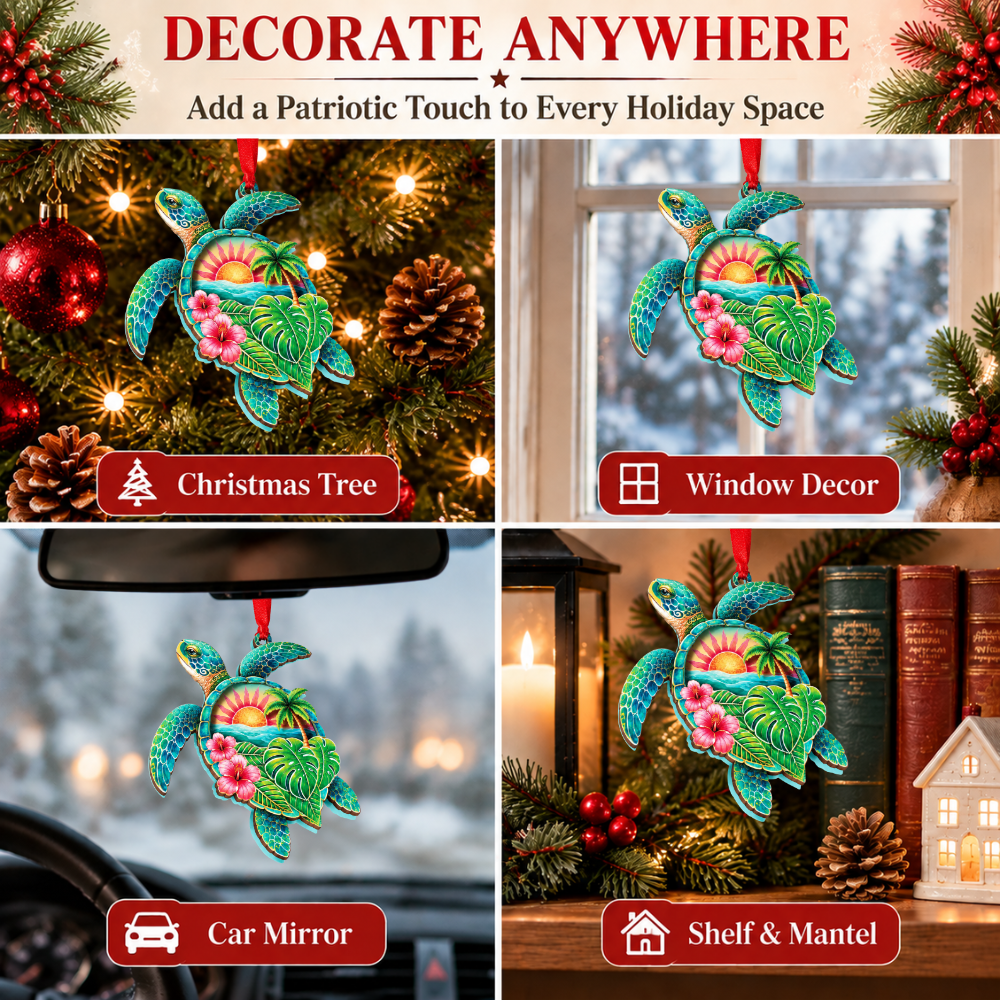 Sea Turtle Christmas Ornament for Tree, Wood & Acrylic Hanging Decor, Xmas Gift for Collectors & Holiday Decor Lovers