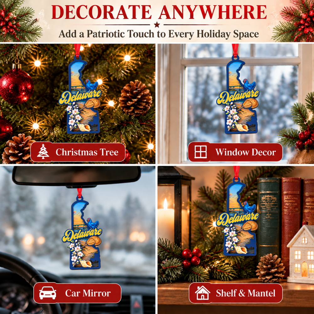 Delaware State Christmas Ornament, Wood & Acrylic Tree Decoration, Gift for Christmas and Holiday Decor Lovers