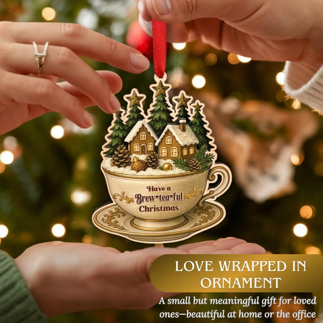 Tea Ornament, Tea Cup Ornaments for Christmas Tree, Unique Teacup Holiday Decor in Wood and Acrylic, Thoughtful Keepsake Gift for Her, Grandma, Teacher, Hostess, Teas Lovers