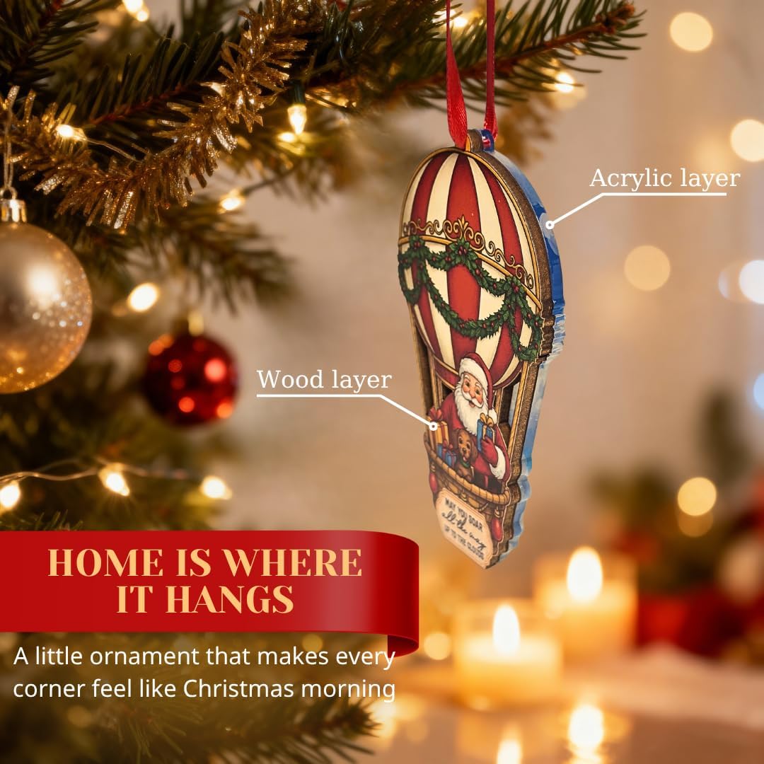 Hot Air Balloon Christmas Ornaments for Christmas Tree, Santa Hot Air Balloon Ornaments for Christmas Tree Wood Acrylic, Santa for Travelers, SantaClaus Balloons Christmas Decorations