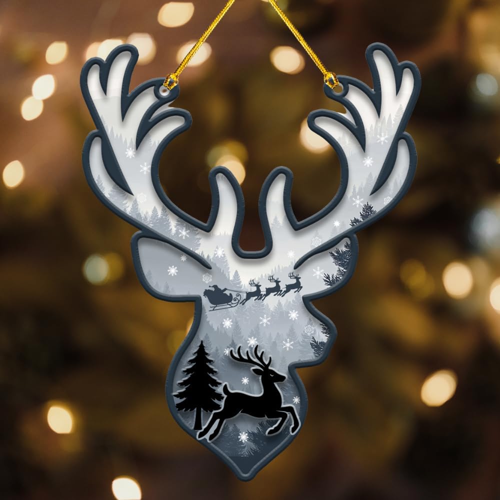 Woodland Reindeer Christmas Ornament, Double Layer Wood & Acrylic Tree Decor, Rustic Holiday Keepsake Gift for Animal Lovers