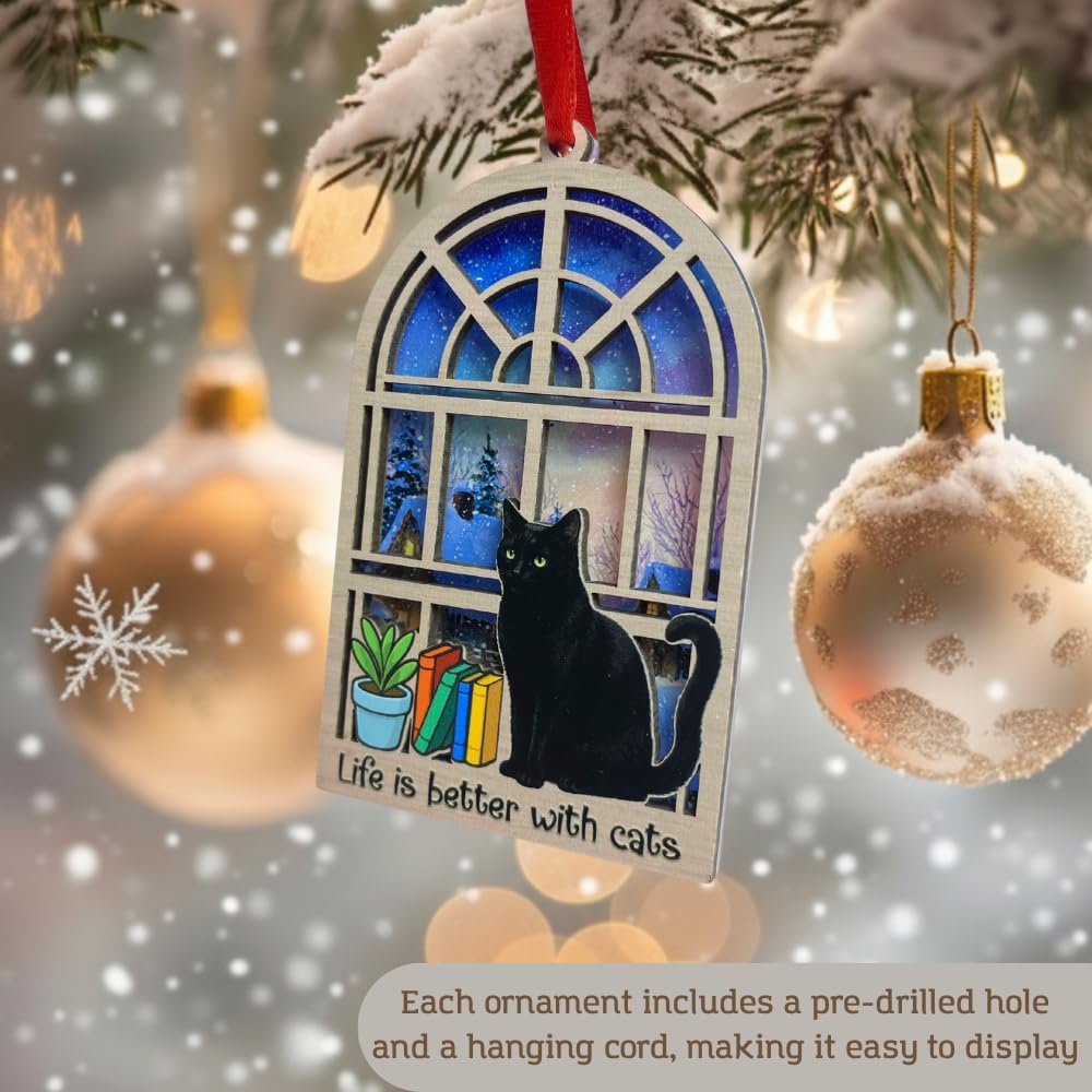 Black Cat Ornaments for Christmas Tree, Black Cat Ornaments with 2 Layers Wood and Acrylic, Mysterious Christmas Tree Decoration, Perfect Festive Gift for Pet Lovers