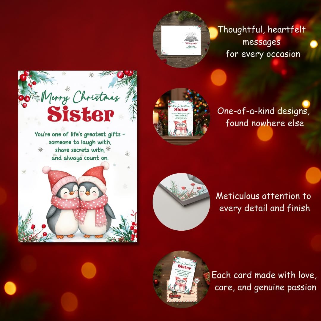 Christmas Card for Sister with Premium Envelope – Heartfelt Holiday Greeting and Festive Keepsake Design