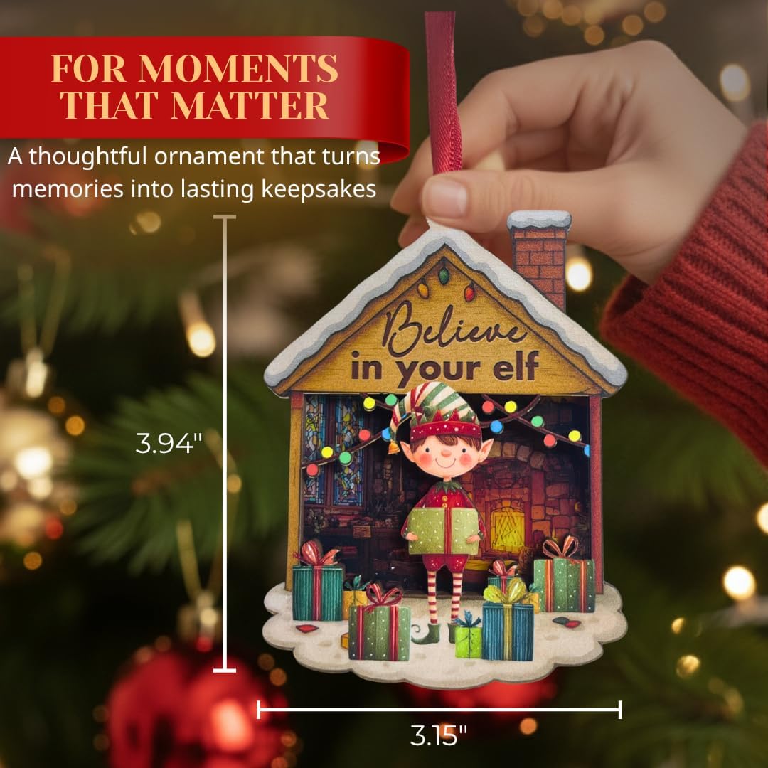 Elf Ornaments for Christmas Tree, Shatterproof 3D Double Layer Wood Acrylic Elf Ornament, Traditional Holiday Decoration, Magical Keepsake Gift and Meaningful Gift for Family