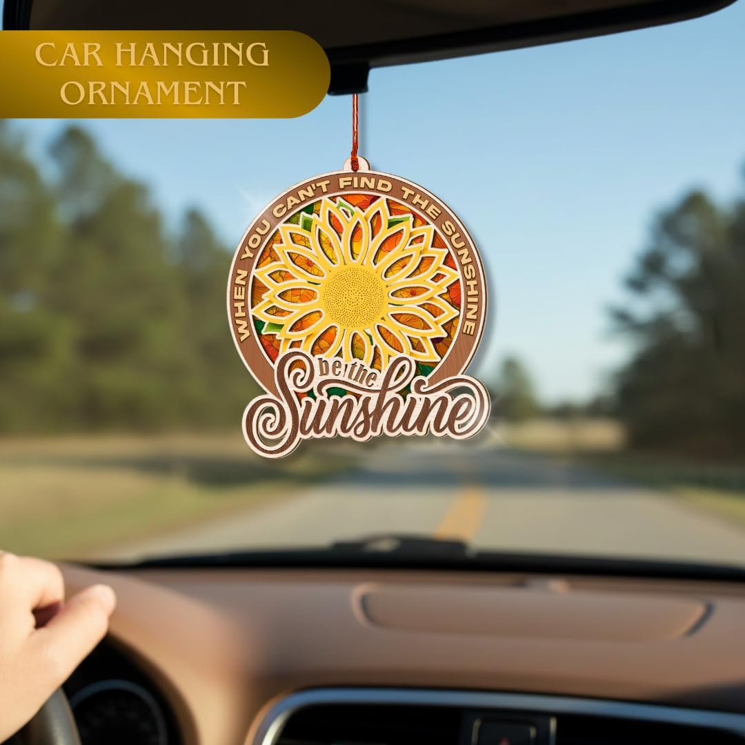 Sunflower Ornament, Sunflower Car Mirror Hanging Accessories, Double Layer Wood and Acrylic Keepsake, Inspirational Gifts for Window Decor, Home Decorations, Gift for Sunflowers Lover