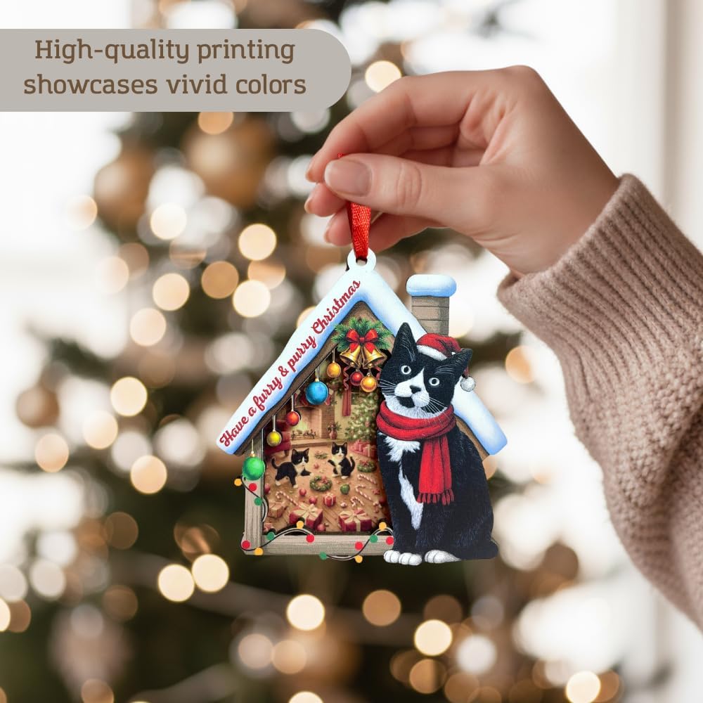Tuxedo Cat Christmas Ornament, Elegant Tuxedo Cat Inspired Christmas Tree Decoration, Unique Double Layer Wood and Acrylic Holiday Keepsake for Animal Lovers, Gift Ready for Pet Owners